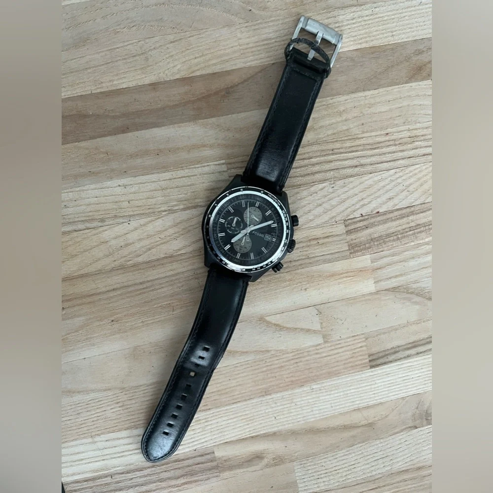 Fossil Men’s Watch Chronograph Black Leather Strap Black Dial Stainless Case